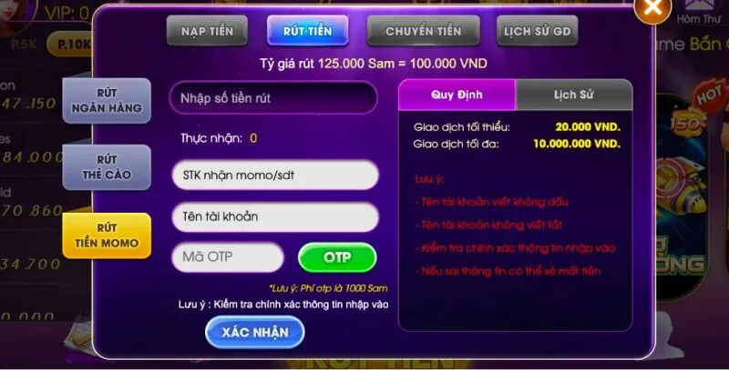 Hướng dẫn nạp tiền qua tài khoản ngân hàng tại Sam86